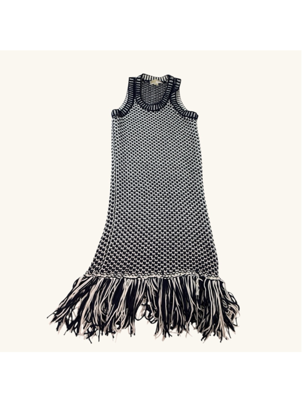 Michael Kors Navy White Knit Fringe Sleeveless Dress Women’s Size Medium - Picture 6 of 9